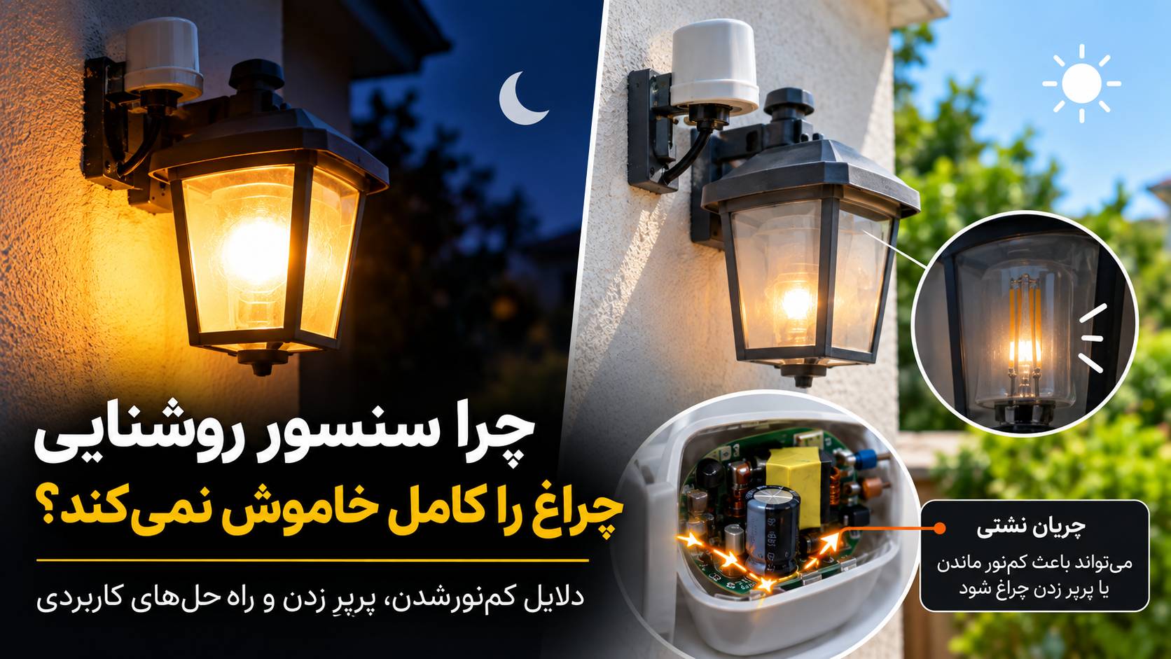 چرا چراغ متصل به سنسور روشنایی کامل خاموش نمی‌شود؟ علت کم‌نور ماندن، چشمک زدن یا پرپر زدن چراغ پس از فرمان خاموشی