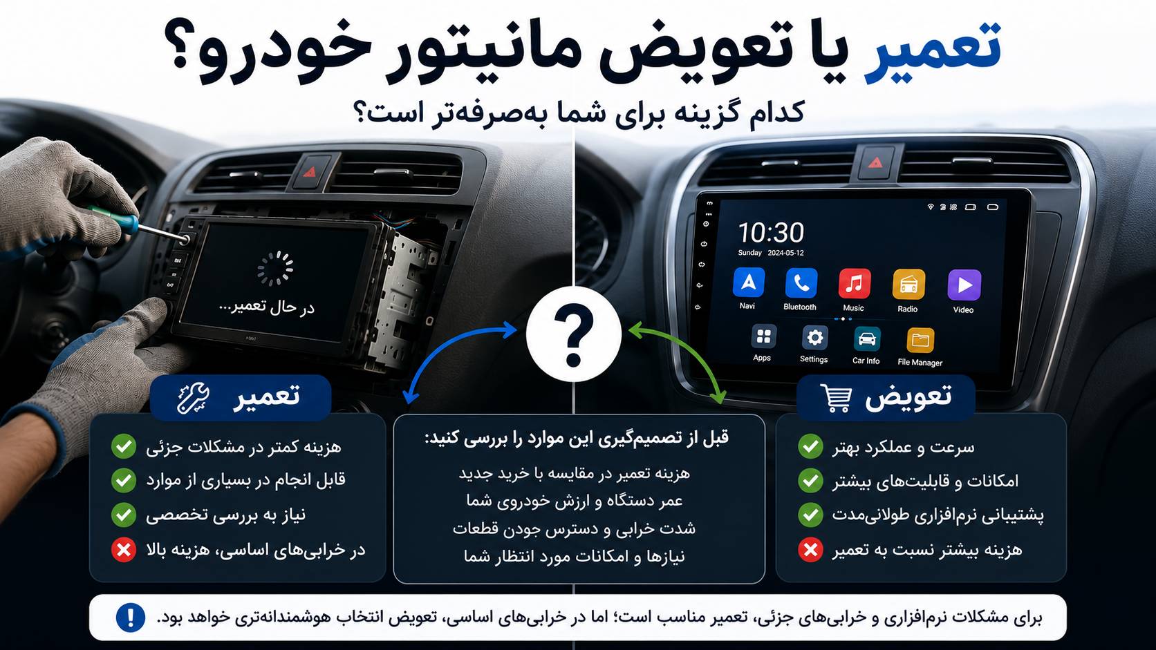 آیا تعمیر مانیتور خودرو به‌صرفه است یا بهتر است آن را تعویض کنیم؟