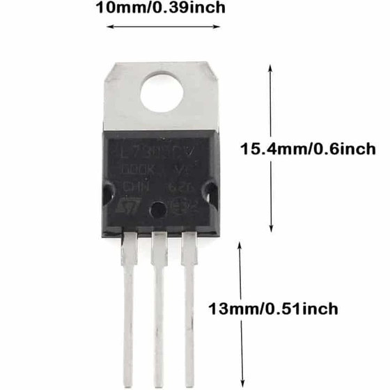 نمای زاویه دار رگولاتور خطی L7805CV سه پایه ۵ ولت ۱.۵ آمپر برند STMicroelectronics